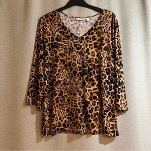 Susan Graver Liquid Knit Leopard Print V-Neck Top - XL